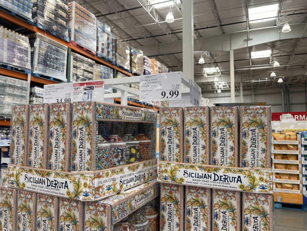 various boxes of italian deruta hand soap on display at Costco near a sale sign
