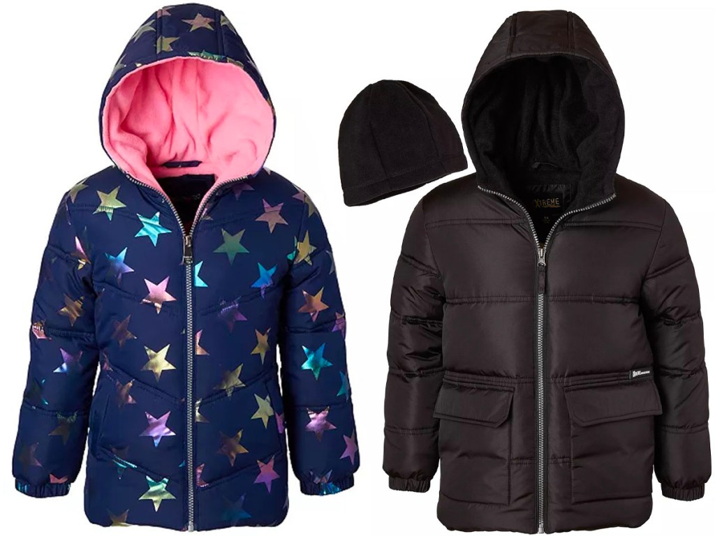 blue stars and black kids puffer jackets