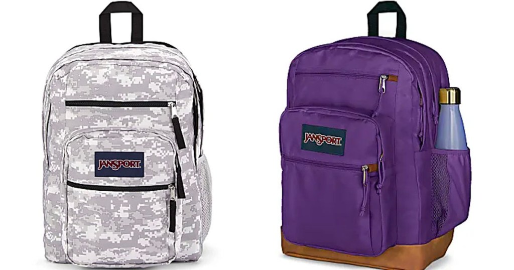 gray camo and purple jansport backpacks