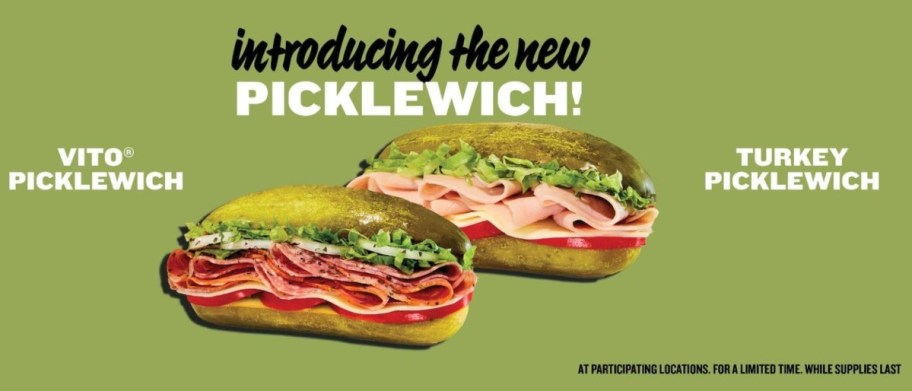 two pickle sandwiches on a green background