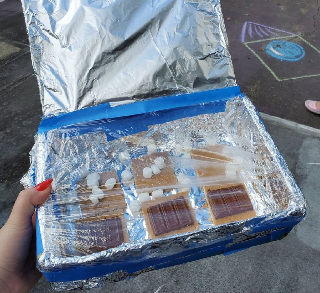 box wrapped in foil with smores inside