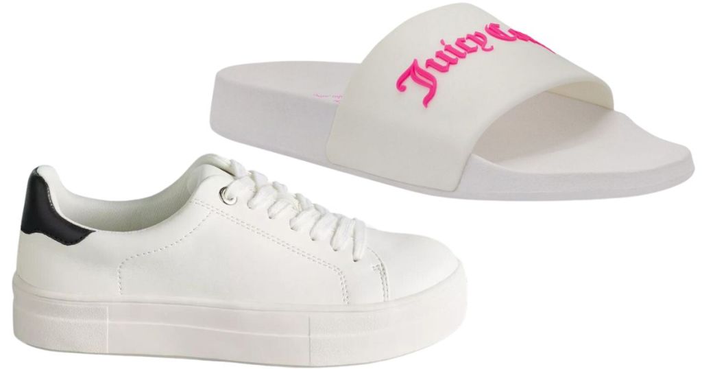 white and blue lace-up sneakers and white flips with pink Juicy Couture brand on top