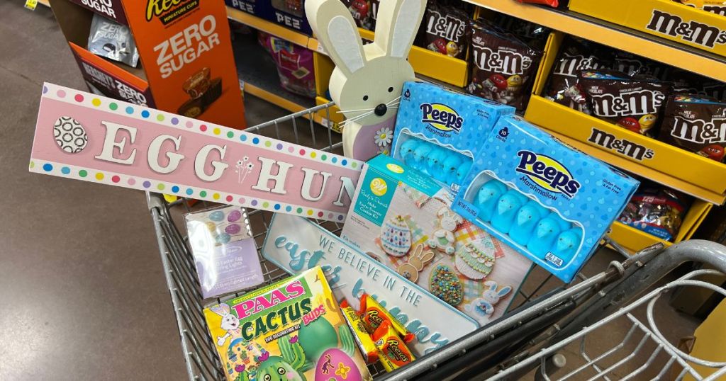 Kroger shopping cart filled with Easter Decorations, decorating kits and candy