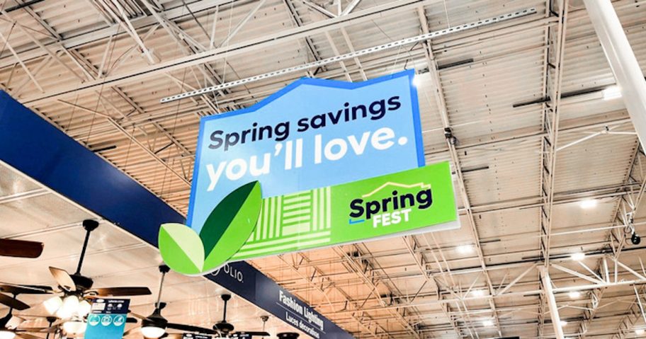 lowe's springfest sign hanging from store ceiling