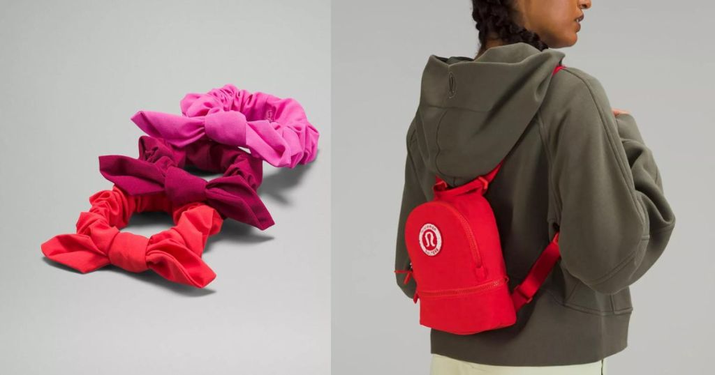 red, purple, and pink scrunchies, and woman wearing lululemon backpack