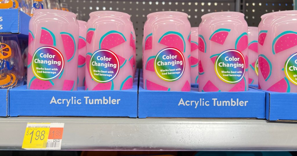 Mainstays color changing pink cups with watermelons on shelf in walmart