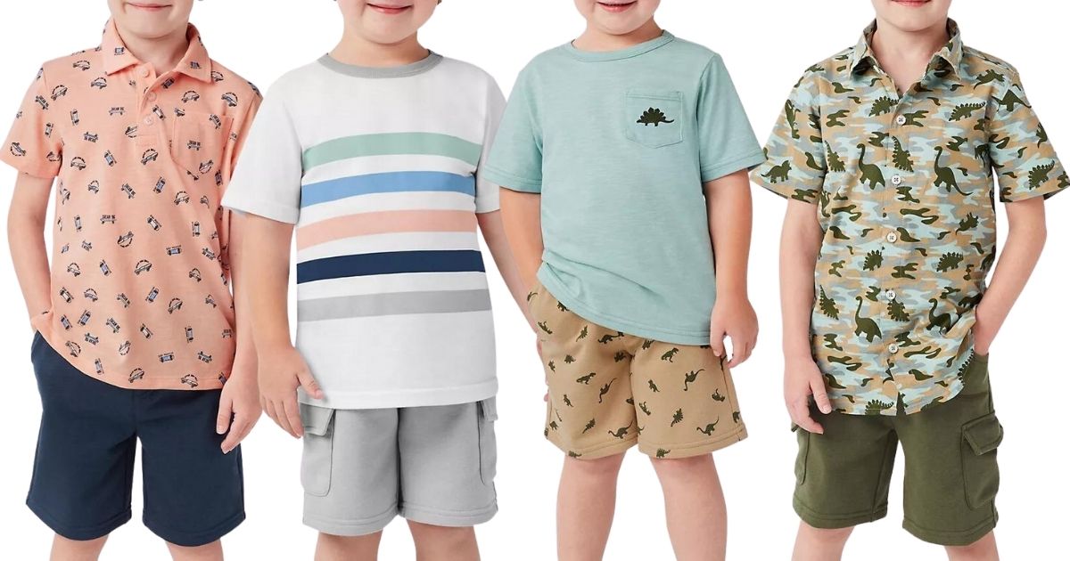 boy dressed in skate shirt and blue shorts and boy dressed in striped tee and gray shorts and boy dressed in dinosaur tee and shorts and dinosaur button up and green shorts