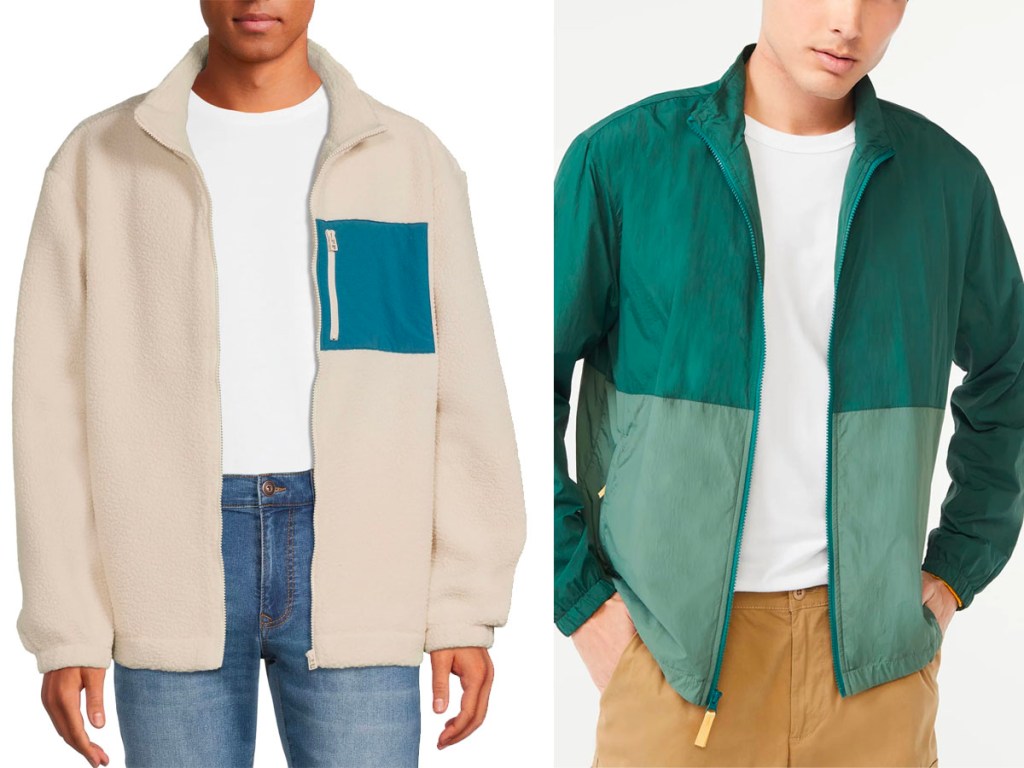 two men wearing beige and green colorblocked jackets