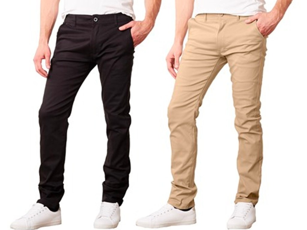 two men wearing black and tan pants