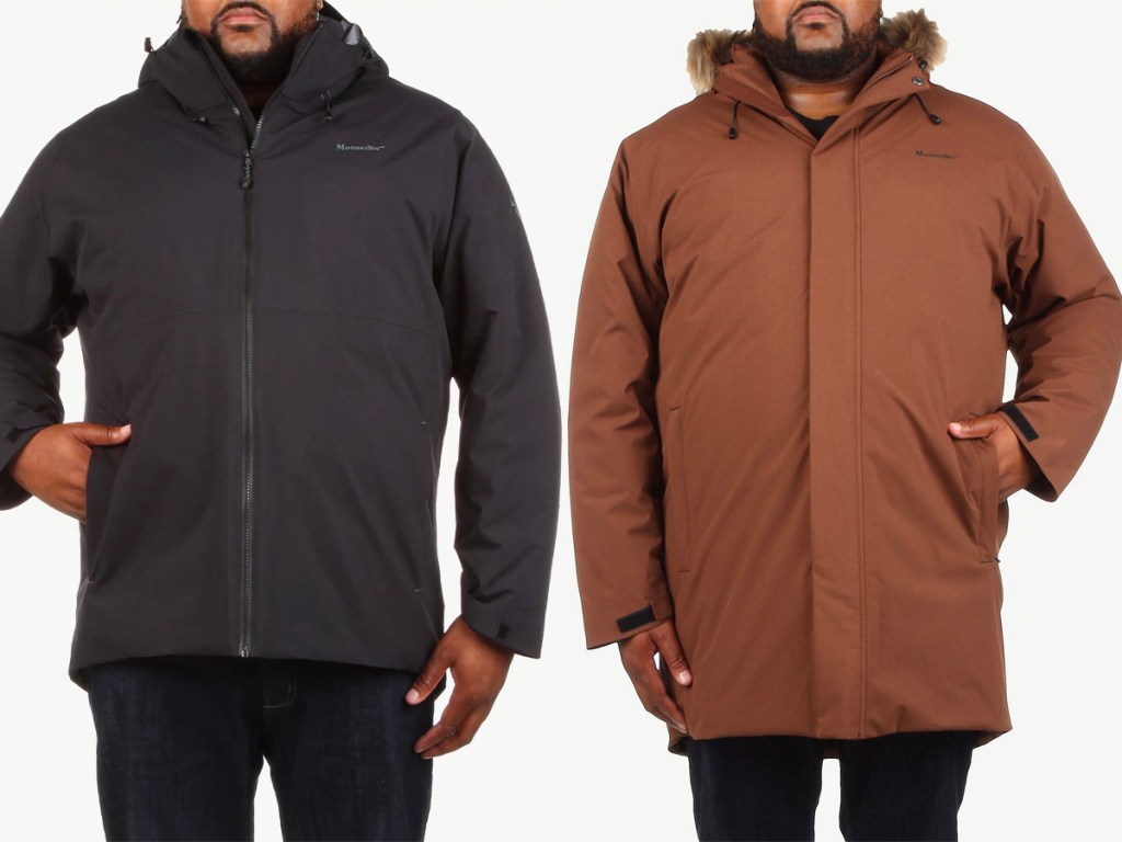 two men wearing moosejaw jackets in black and brown