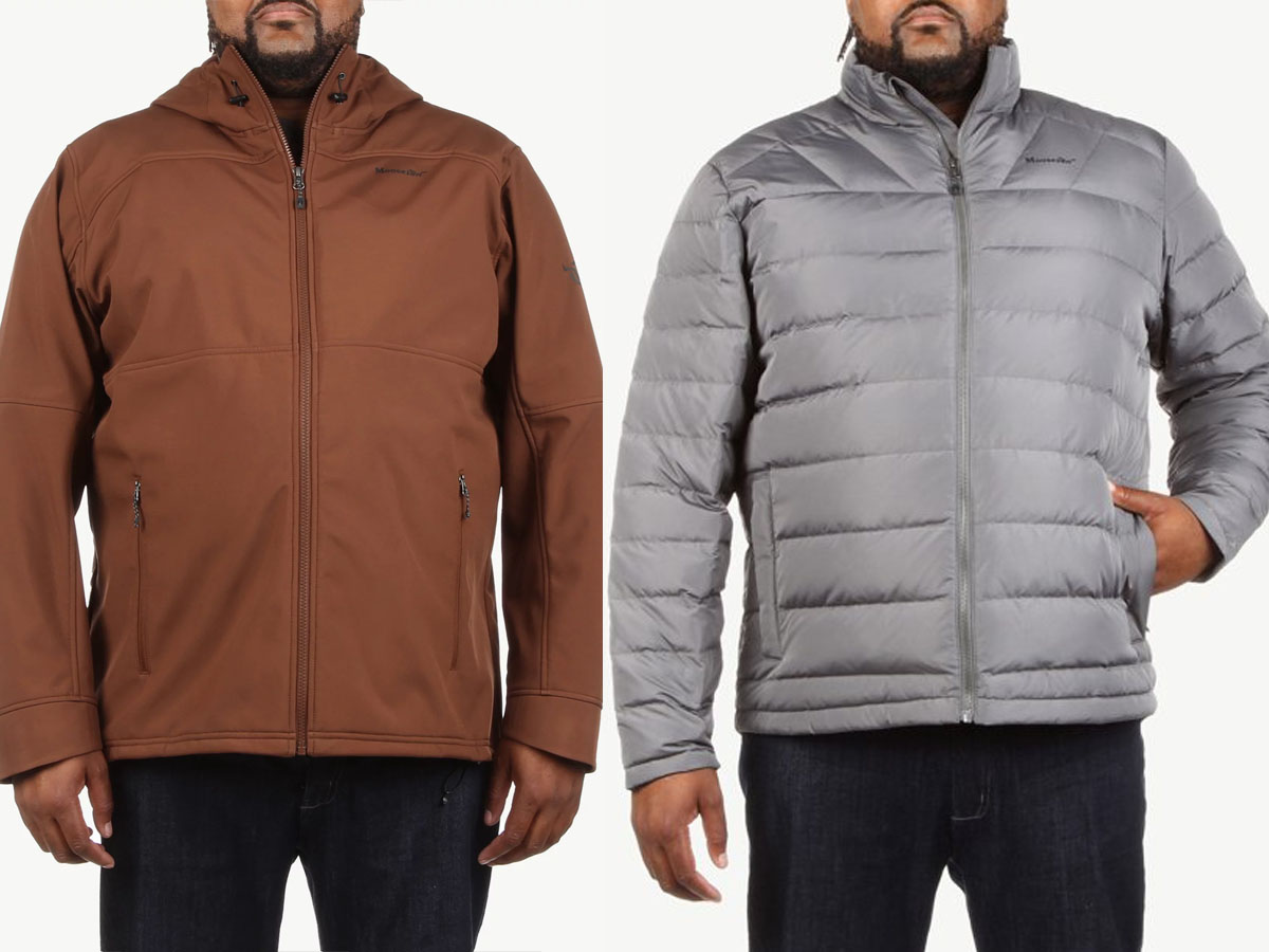 two men wearing moosejaw jackets in brown and gray