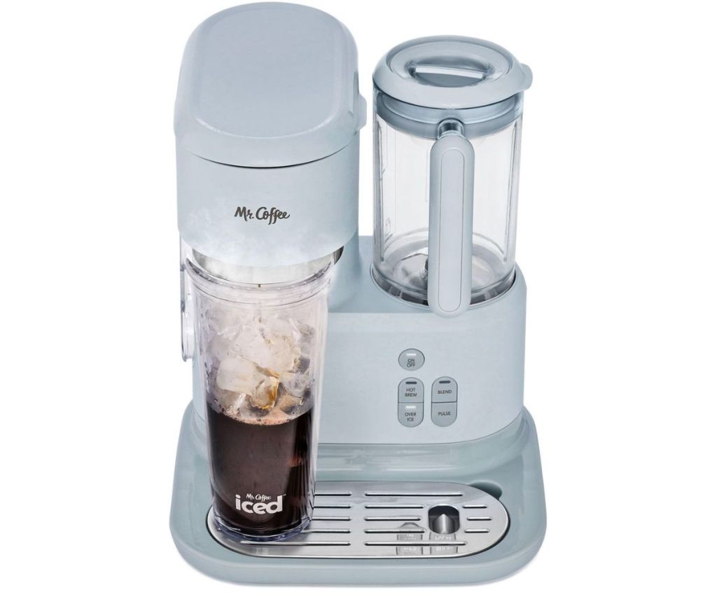 mr coffee 3 n 1 frappe maker and blender brewing iced coffee into a tumbler