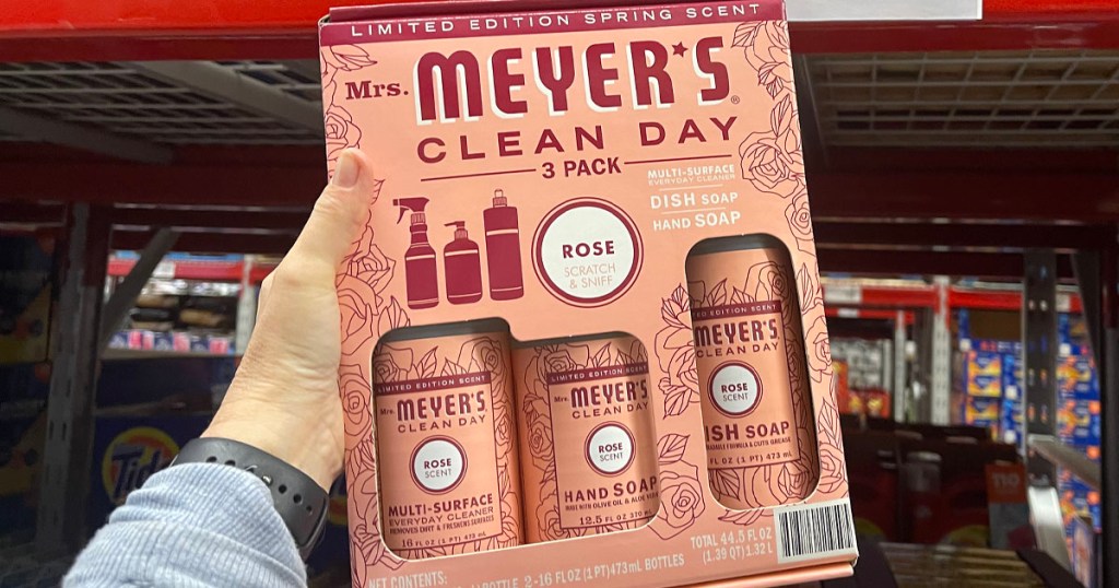 hand holding mrs meyers clean day set