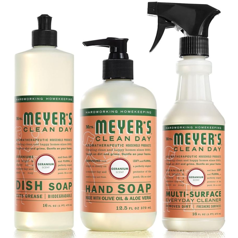 3 mrs meyers products in geranium scent on a white background - hand soap, dish soap and everyday spray cleaner