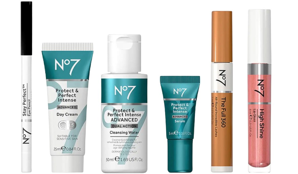 many no7 beauty products in a line