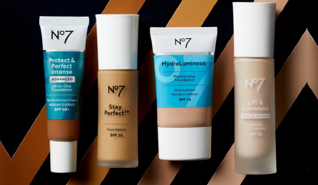 several no7 beauty products in a line