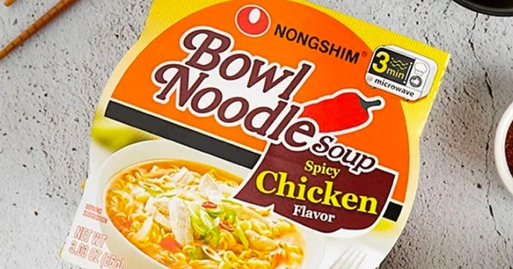 spicy chicken bowl noodle soup on countertop