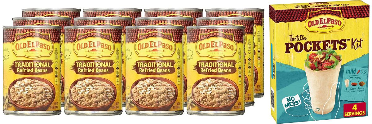 12 cans of Old El Paso Refried Beans with Old El Paso Tortilla Pockets Kit next to them