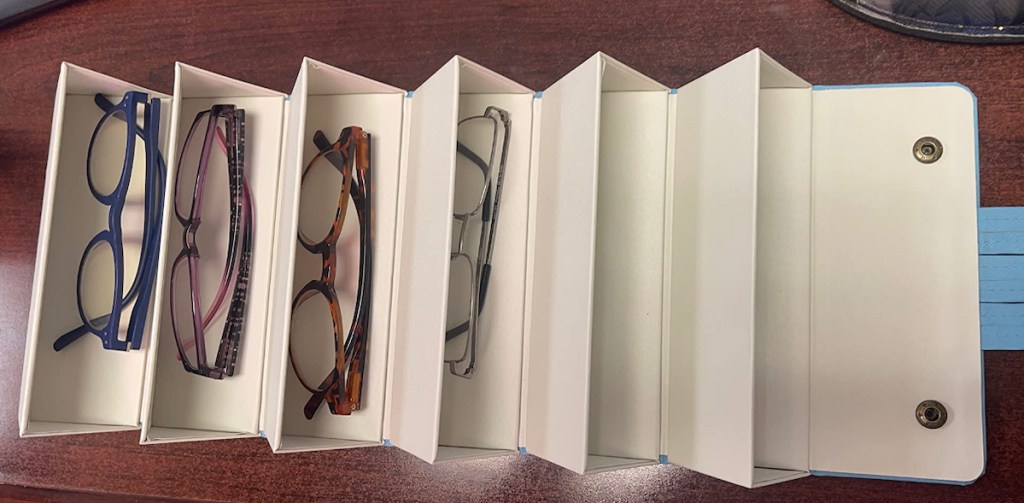 sunglasses and glasses in open organizer on wood table