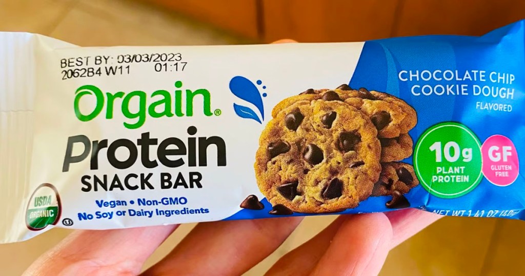 hand holding chocolate chip protein bar