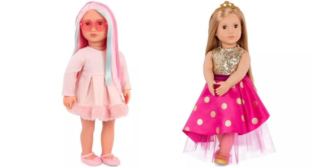doll with rainbow hair and pink outfit and doll with gold and polka dot dress with crown on head
