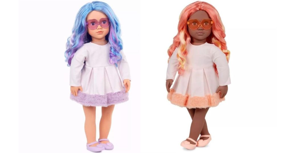 rainbow hair on doll with white and purple fringe dress and doll with pink rainbow hair with white and pink fringe dress