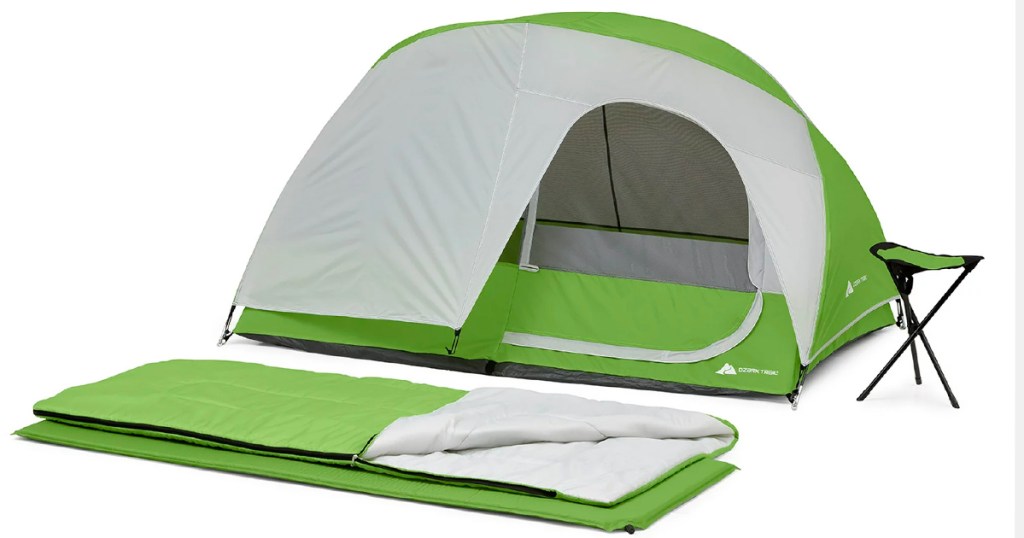 green and gray ozark trail tent, sleeping bag, and stool