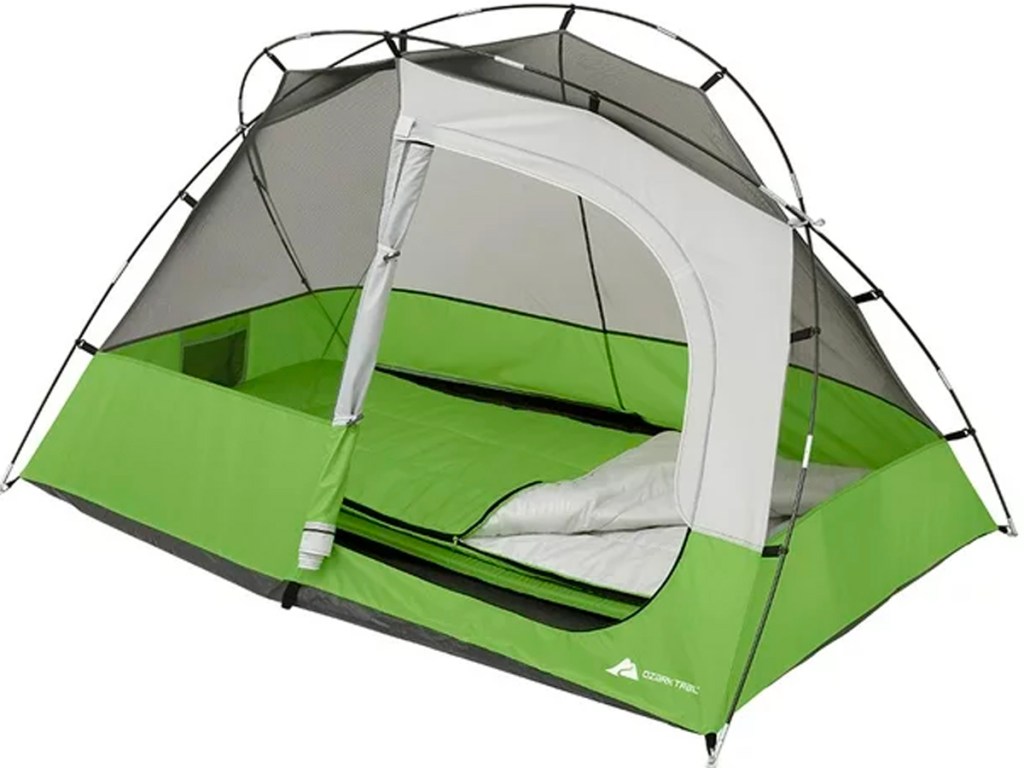 green and gray ozark trail tent and sleeping bag