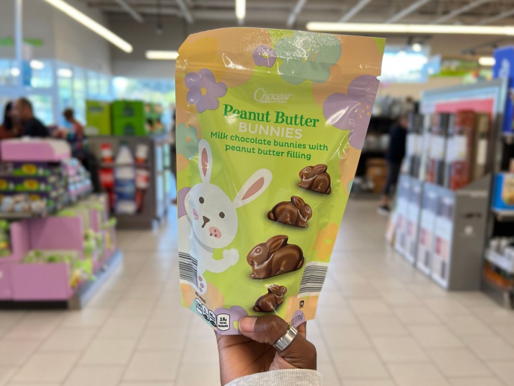 hand holding easter peanut butter bunny candy bag