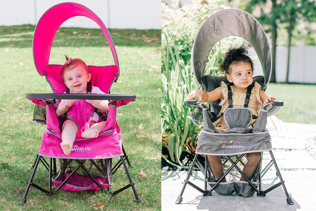 two babies in pink and grey outdoor high chairs
