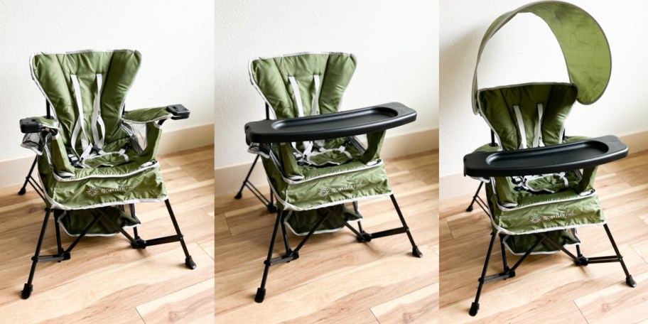 3 views of an outdoor baby chair with tray and canopy