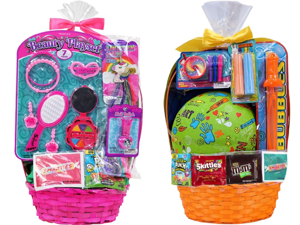 two baskets filled with easter toys, candy