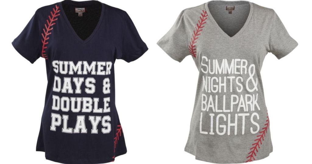 summer days & double plays women's tee nad summer nights and ballpark lights women's tee