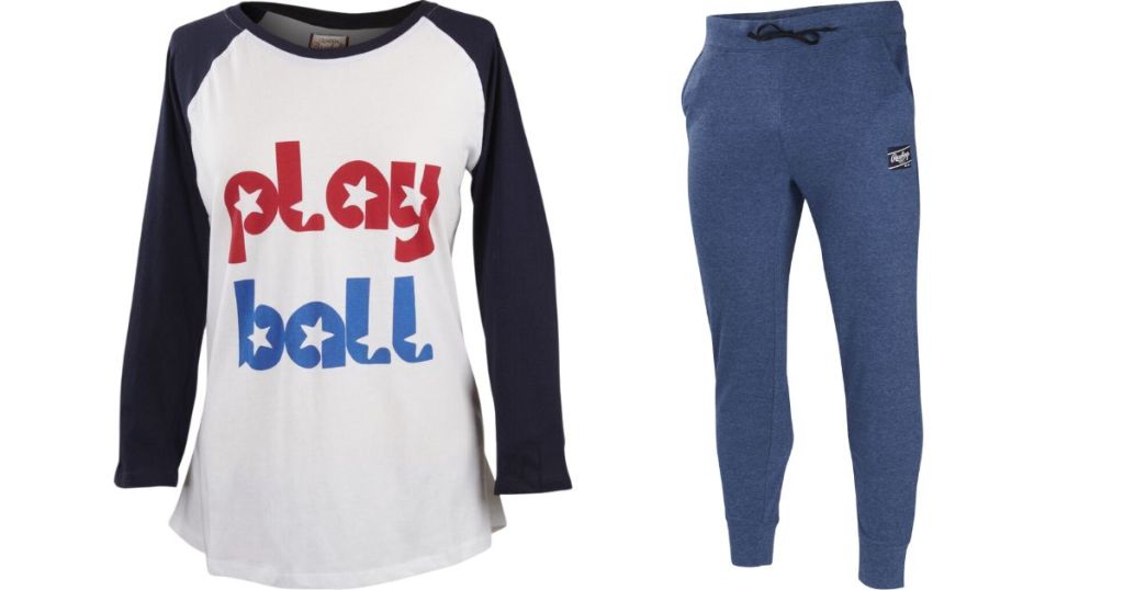 play ball red white and blue raglan tee and blue Rawlings sweatpants