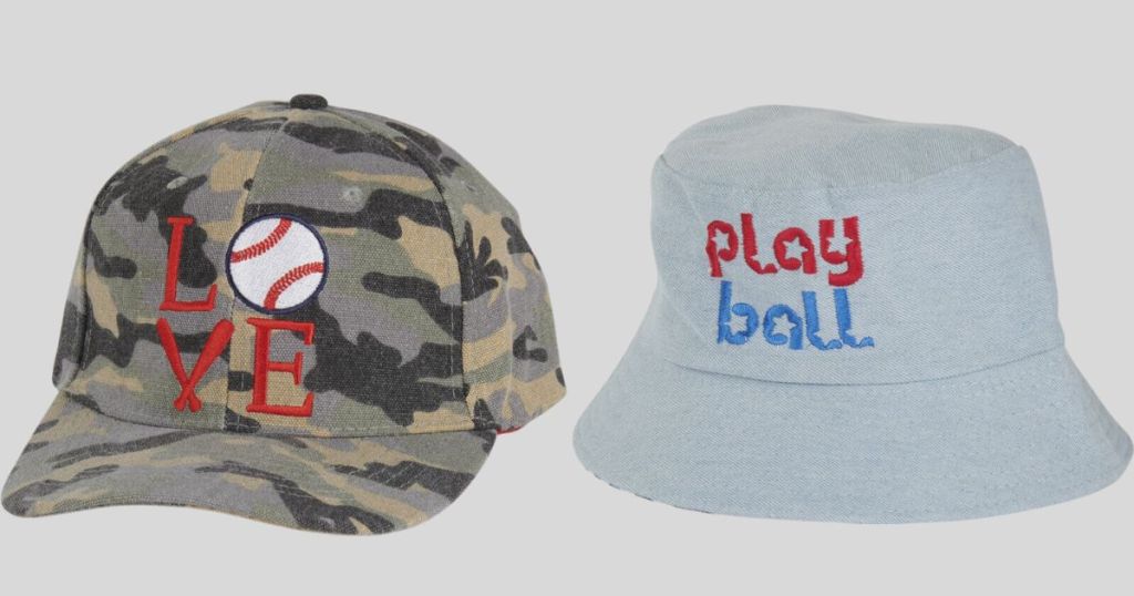 baseball themed camo hat and play ball blue bucket hat