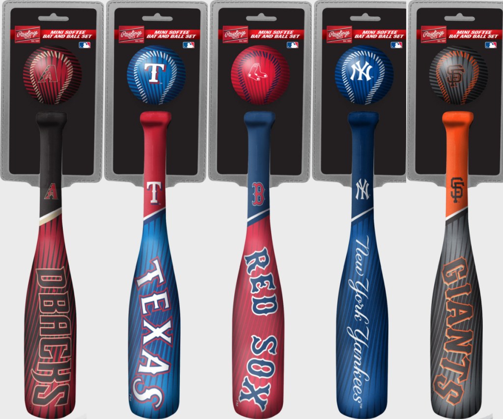 5 mini baseball and bat sets in different team colors
