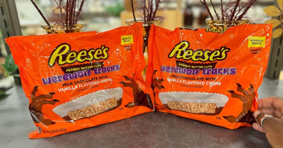 reese's halloween snack size candy bags on counter in store