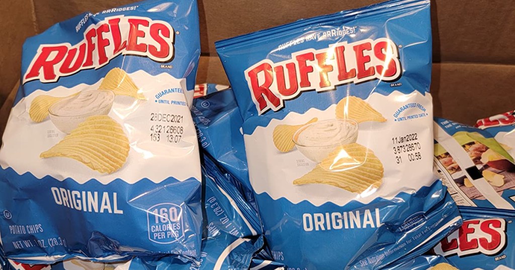 snack size bags of ruffles chips in a box