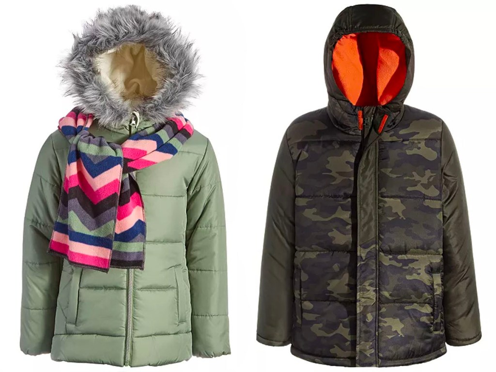green and camo kids puffer jackets