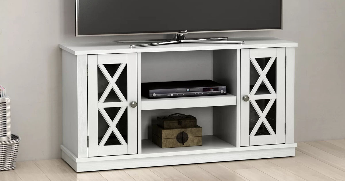 white console table with tv on top