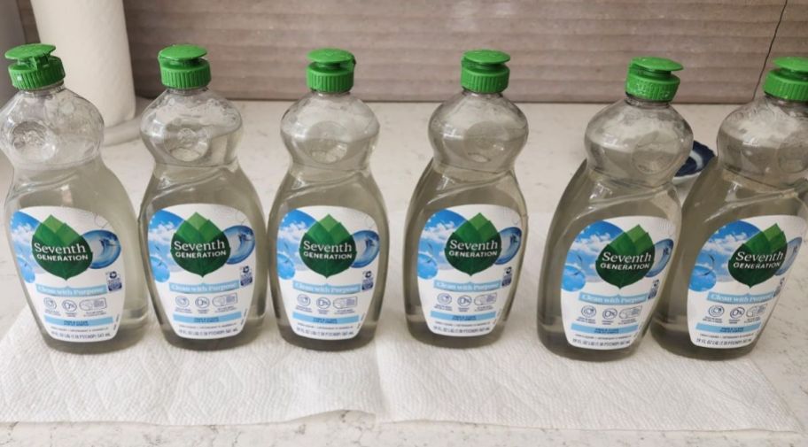 6 bottles of unscented seventh generation liquid dish soap lined up on a kitchen counter