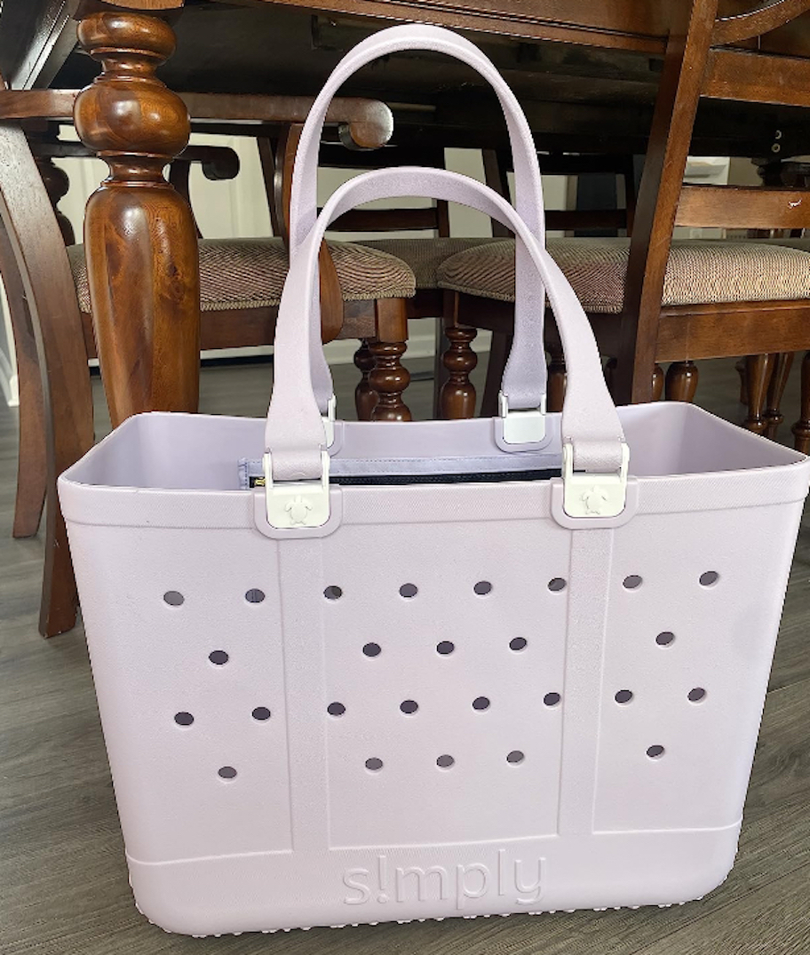 light purple simply southern beach tote on floor