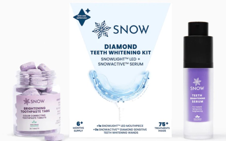 LED teeth whitening kit with purple serum and toothpaste tabs