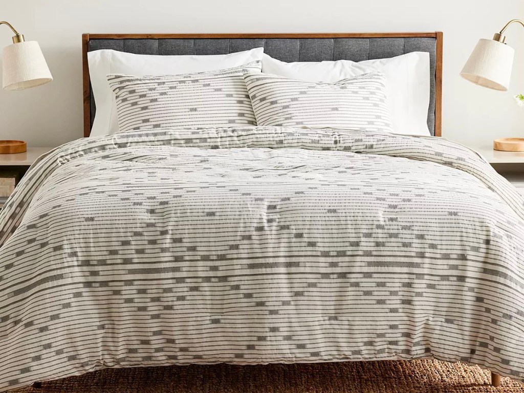 gray and cream sonoma bedding set on bed