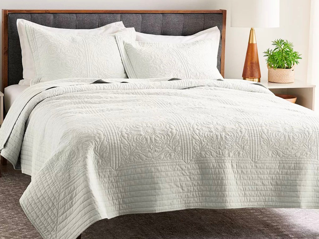 gray sonoma bedding set on bed
