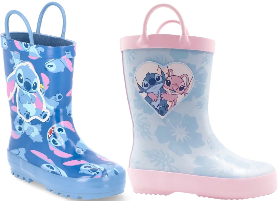 Blue and pink children's boots featuring a Stitch design. The blue boot has multiple characters, while the pink boot has a heart design with two characters.