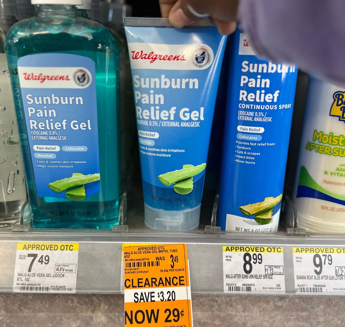 sunburn pain relief gel 6 ounce tube on a store shelf