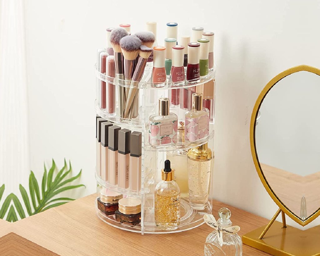 clear makeup holder with makeup in it