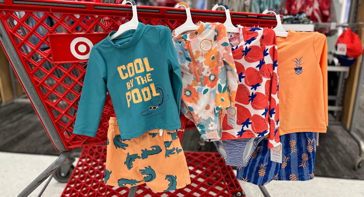 target cart lined on the outside with kids swimwear