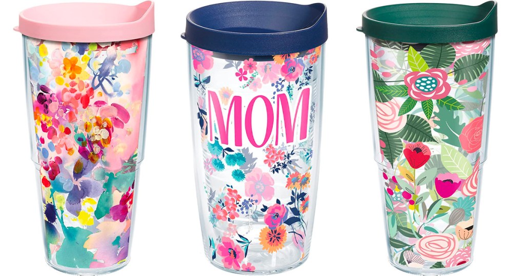 pink floral, mom floral, and green floral tervis tumblers